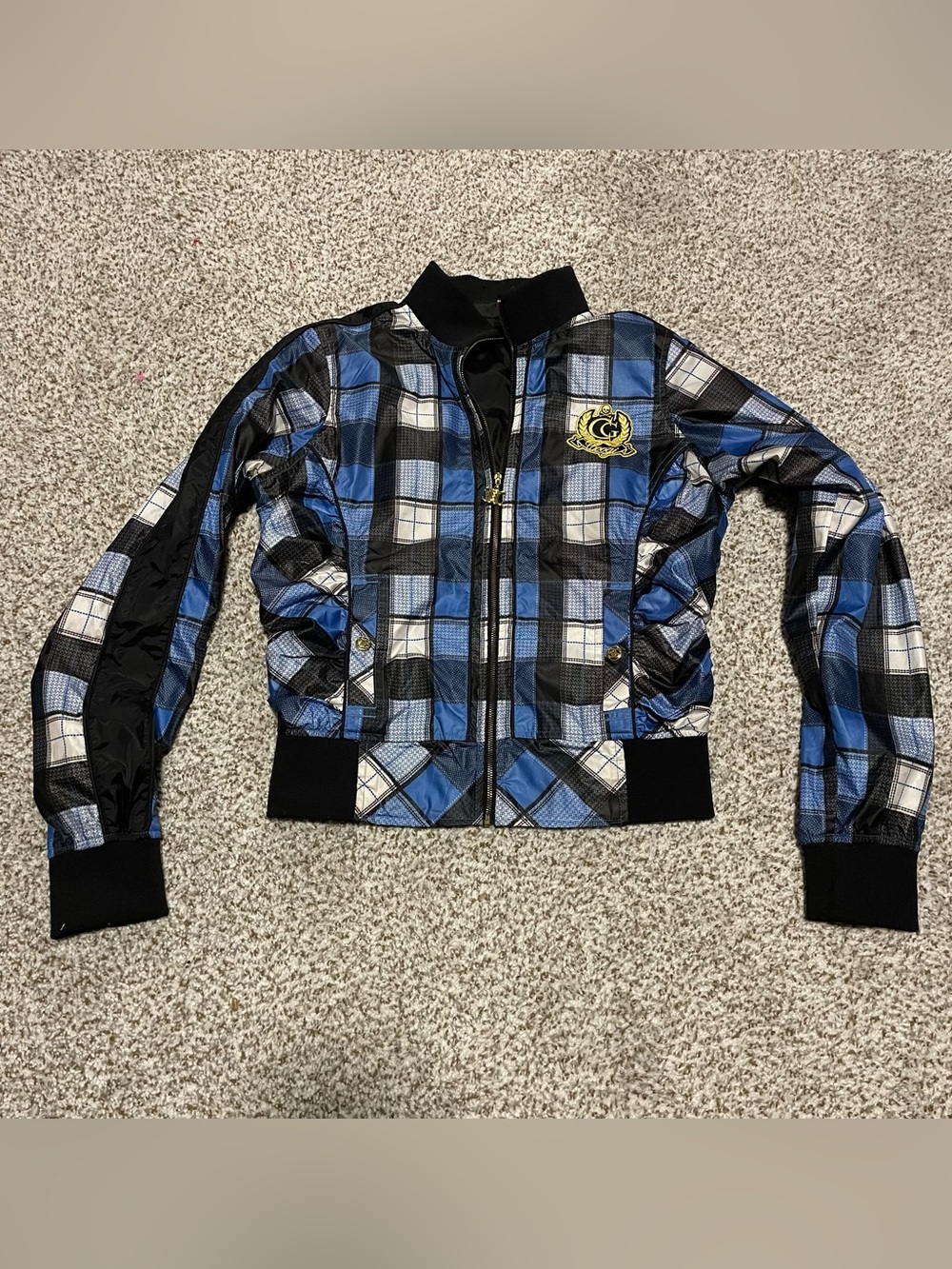 Vtg 2000s COOGI Skull Laurel Crest Bomber Jacket M Plaid Hip Hop Streetwear